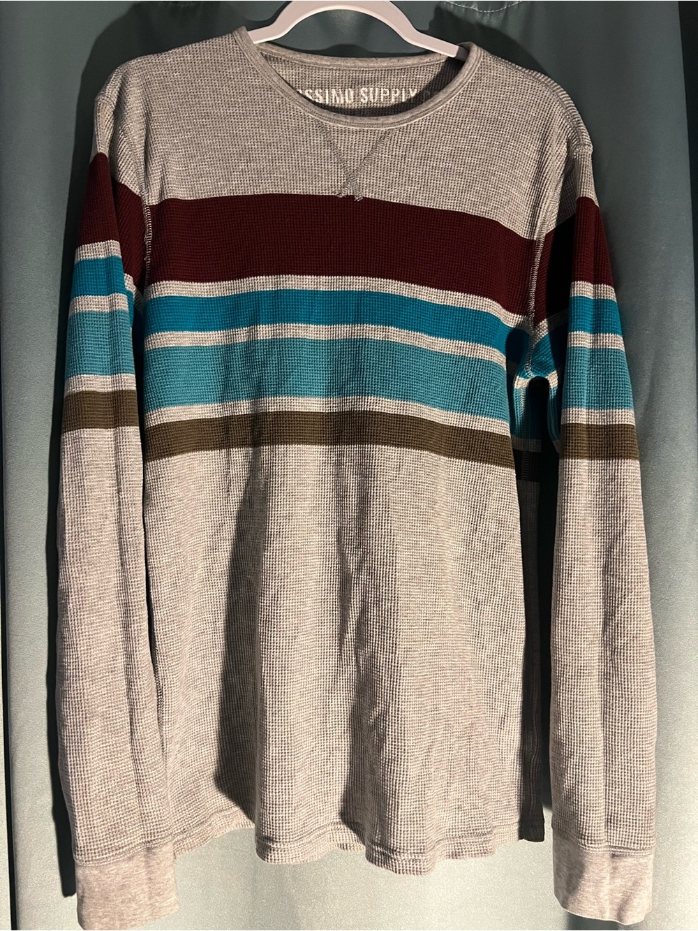 Mossimo Supply Co. Gray Thermal Knit Long Sleeve Striped Shirt Top L